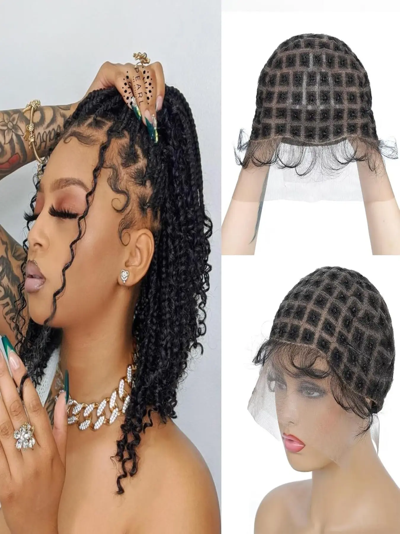 Braided Wig Cap for Women, Double Full Lace Synthetic Braided Design Lace Crochet Wig Cap with Baby Hair, Breathable Glueless Braided Cap for Crochet Braids