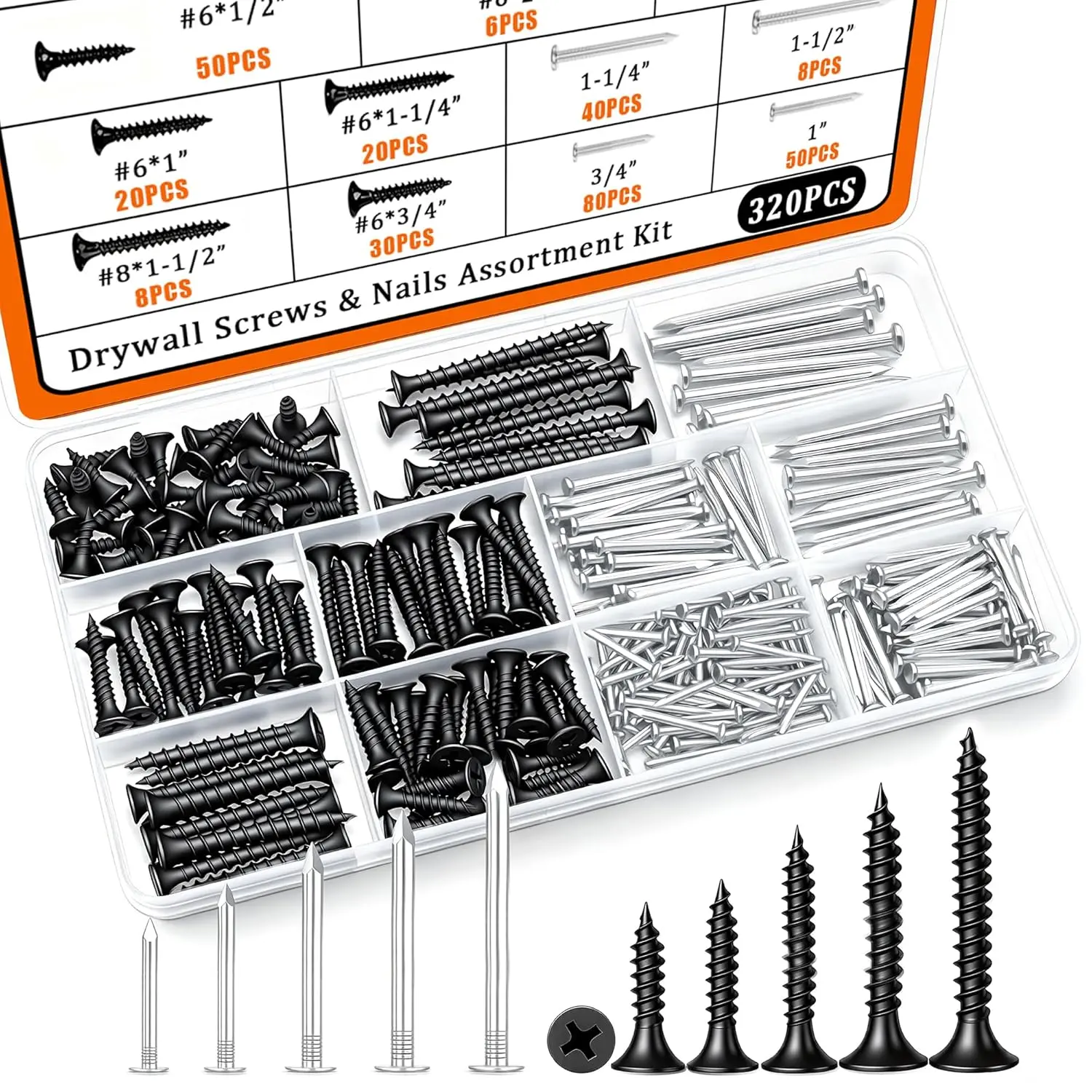 Nails &  Screws  Kit, 320 count #6#8  Black Drywall Screws Set and High Hardness Hardware Small Nails for Picture /DIY Repair Project Length 1/2" to 2"