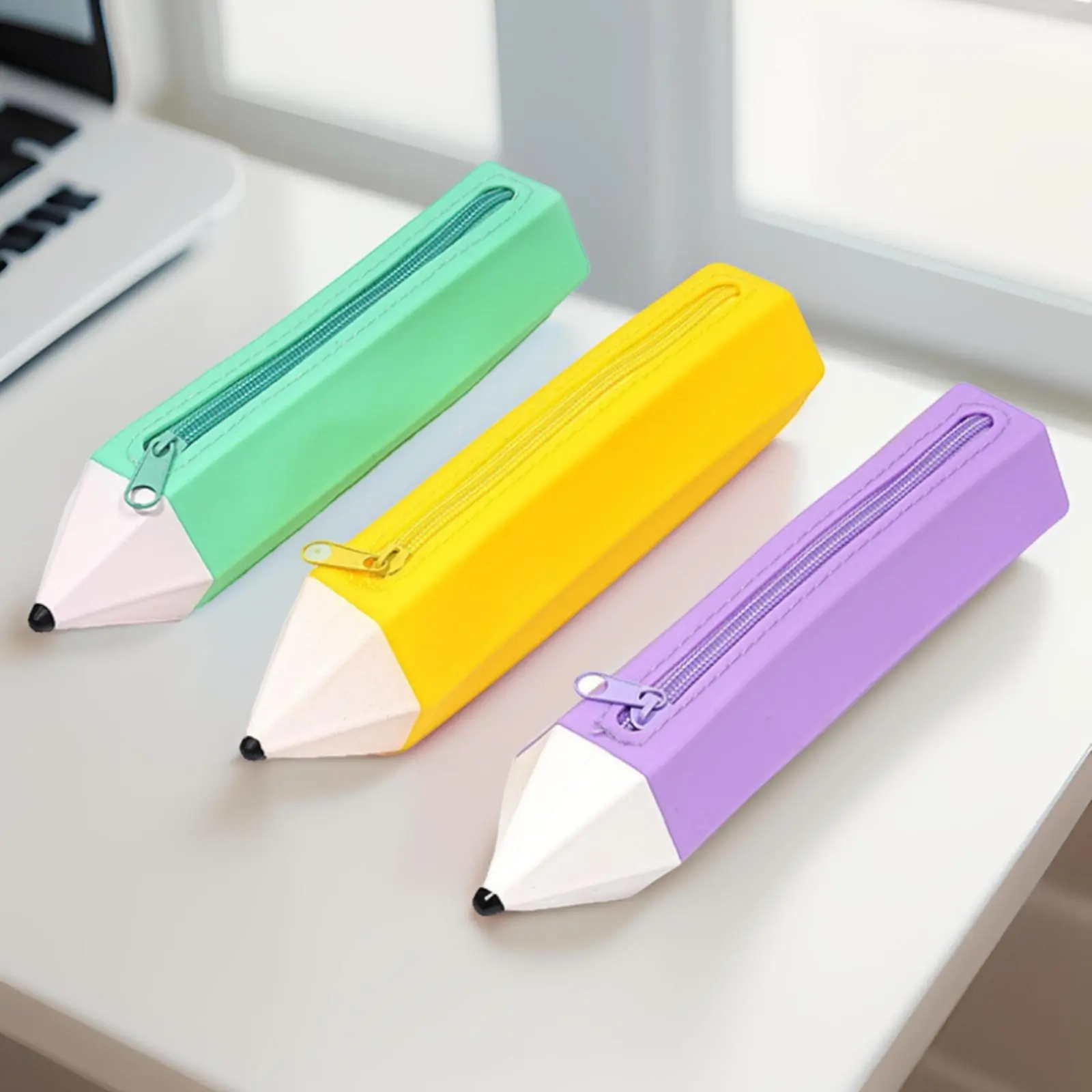 Cute 3D Pencil Shaped Silicone Pencil Case, Pastel Color Zipper Pen Pouch, Novelty Slim Stationery Bag, Waterproof Soft Pen Storage Bag for Kids Students School Office Supplies