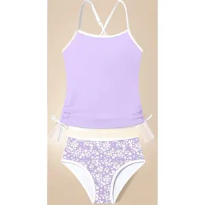 Girls Swimsuit Two Piece Cross-Back Straps Girls Tankini Contrast Trim Drawstring Girl Bathing Suit for Teens 9-16Y