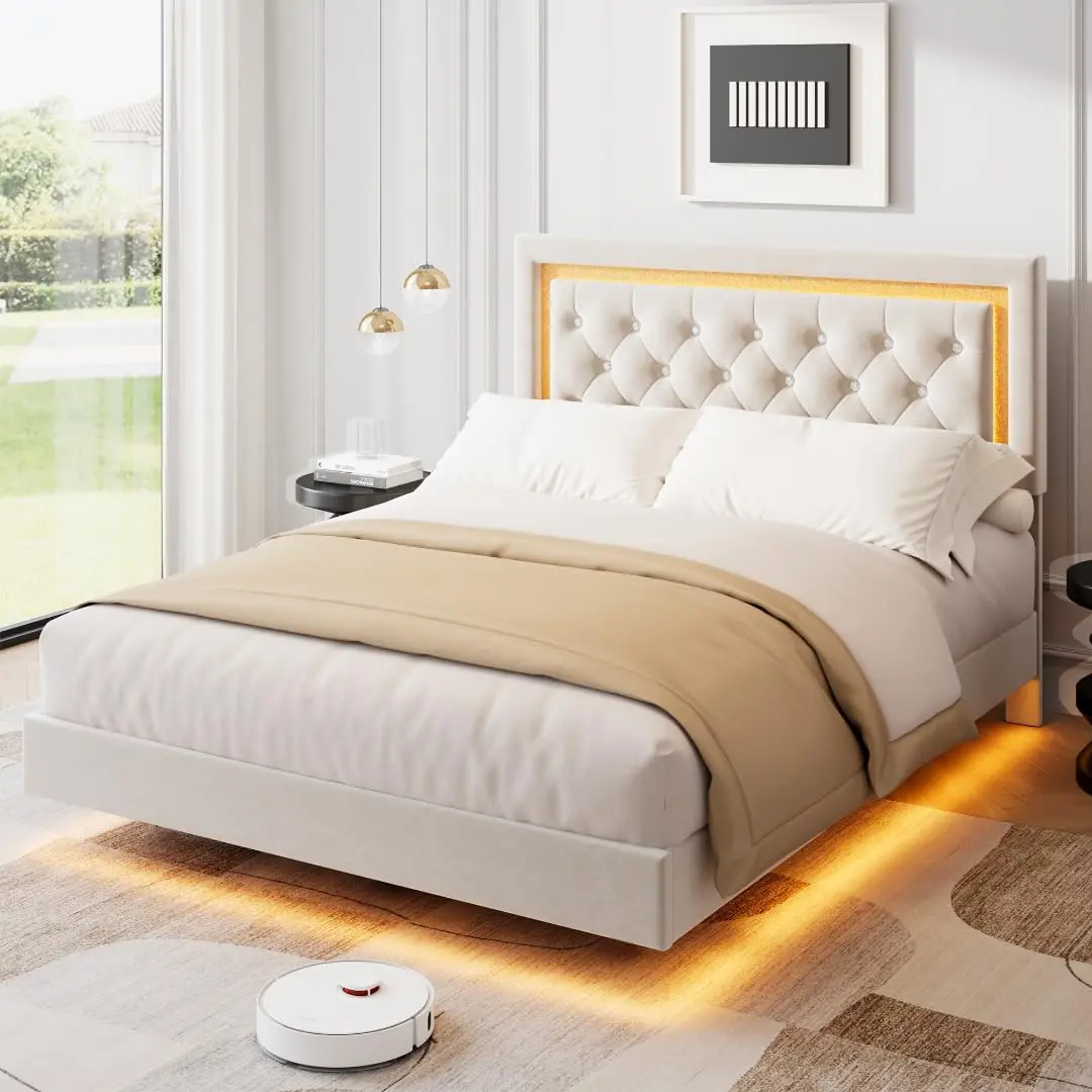 Modern Floating Bed Frame with LED Headboard Queen King Size Smart RGB LED Lights Platform Bed No Box Spring Needed Upholstered Faux Leather Bedroom Furniture Heavy Duty Wood Slats Support 1200 lbs Capacity Black White, Led Light, Luminous