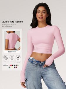 women's solid round neck compression sports tee, quick drying long sleeve crew neck crop t-shirt, ladies sportswear for indoor outdoor wear, workout clothes, workout tops, compression shirts, spring tops