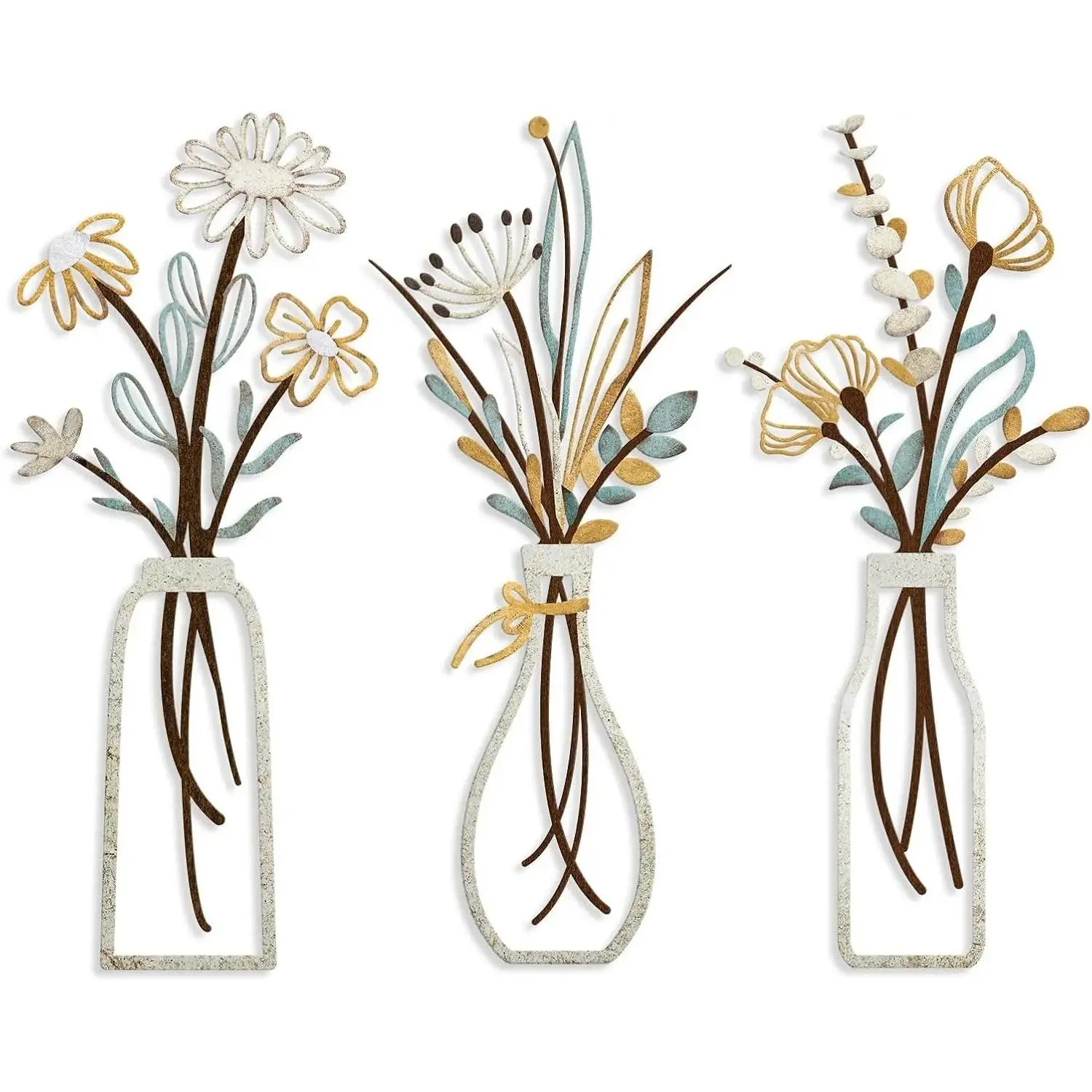 3 Pieces Rustic Farmhouse Metal Flowers Wall Art - Beige Vase-C Minimalist Home Decor, Housewarming Gifts, Christmas Decor for Living Room, Bedroom
