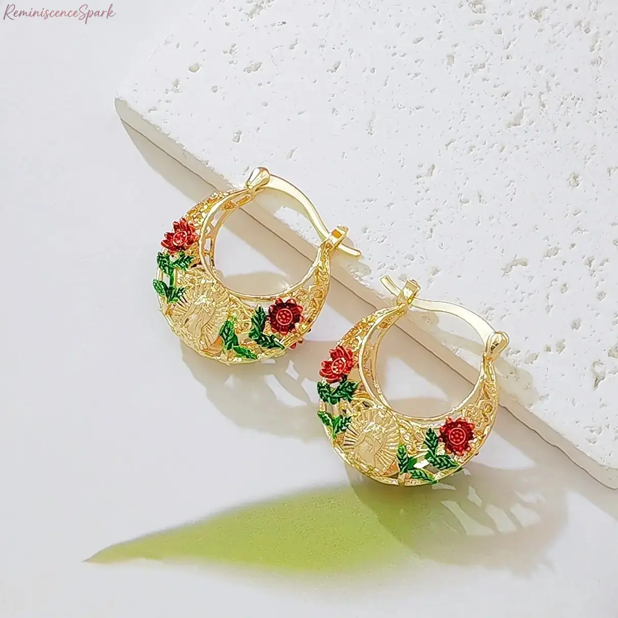 Women's Vintage Filigree Work Small Hoop Earrings - Virgin Mary Guadalupe Huggies, Enamel Rose Floral Motif Religious Jewelry, Cultural Faith Gift for Camping & Hiking Enthusiasts, Religious Gift