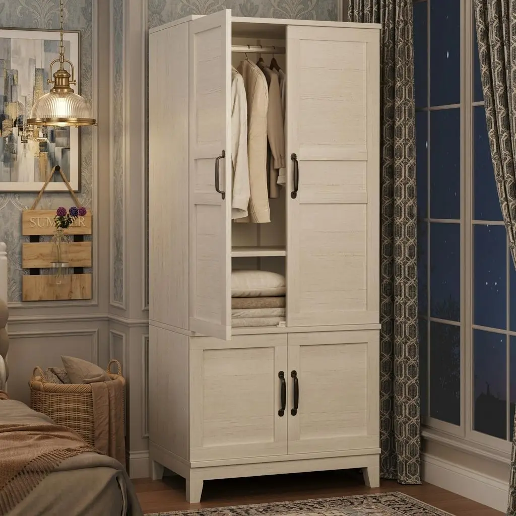 ZR-Garvee 72 Inch Tall Wardrobe Armoire with 18 Adjustable Shelves and Hanging Rod Large Freestanding Bedroom Closet Storage Cabinet with 4 Doors for Clothes and Shoes