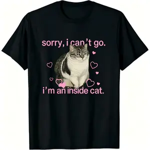 Men's Classic Soft Loose Cotton Short-Sleeve Loungewear T-Shirt, "Sorry I Can’t Go I’m an Inside Cat" Pattern Everyday Sports Top