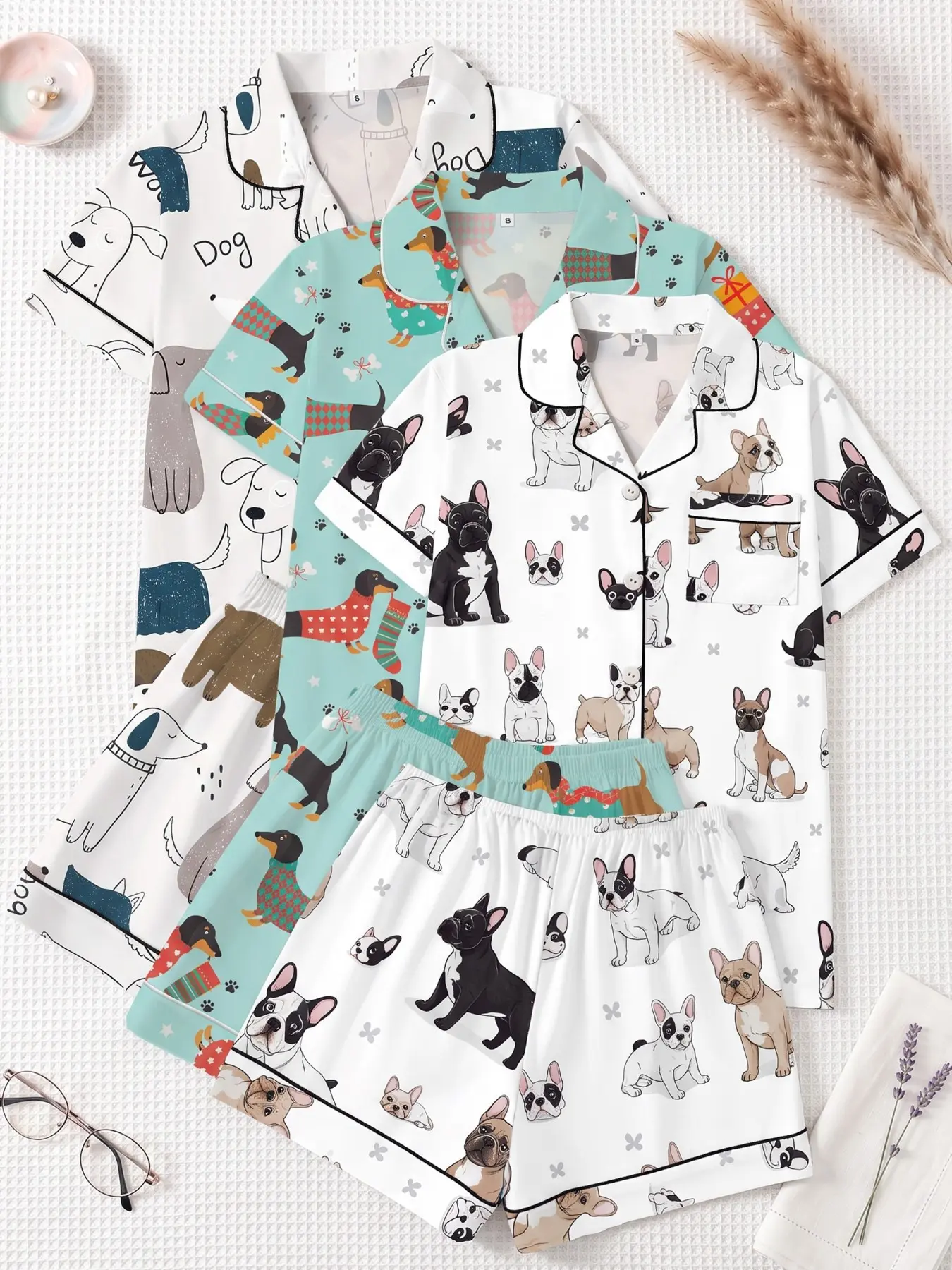 3-Piece Pajama Set for Women, Casual Short Sleeve Sleepwear, Breathable Dog Print, All-Season Home Wear, Sweet Cool Style