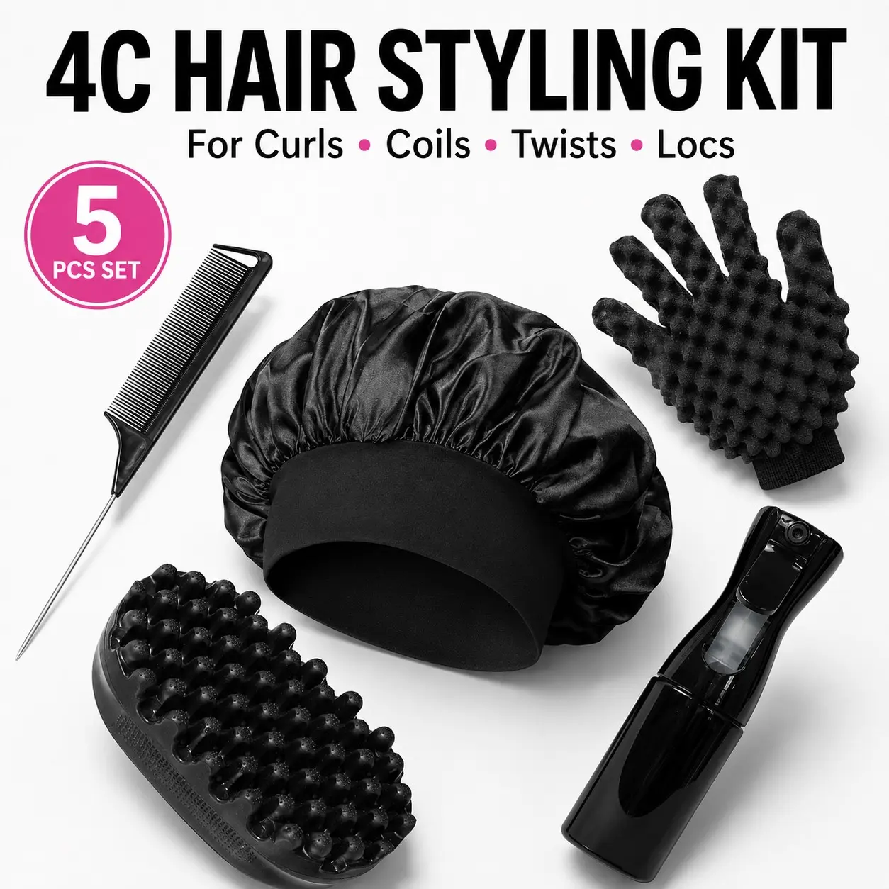 5Pcs 4C Hair Styling Kit, Hair Styling Tools, Hairdressing Tool Set for Twists, Coils & Locs