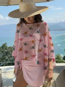 Women's Cartoon Bee Print One-Shoulder Long Sleeve Knit Top, Casual Elegant Vacation Style, Comfortable Breathable Summer Fall Fashion