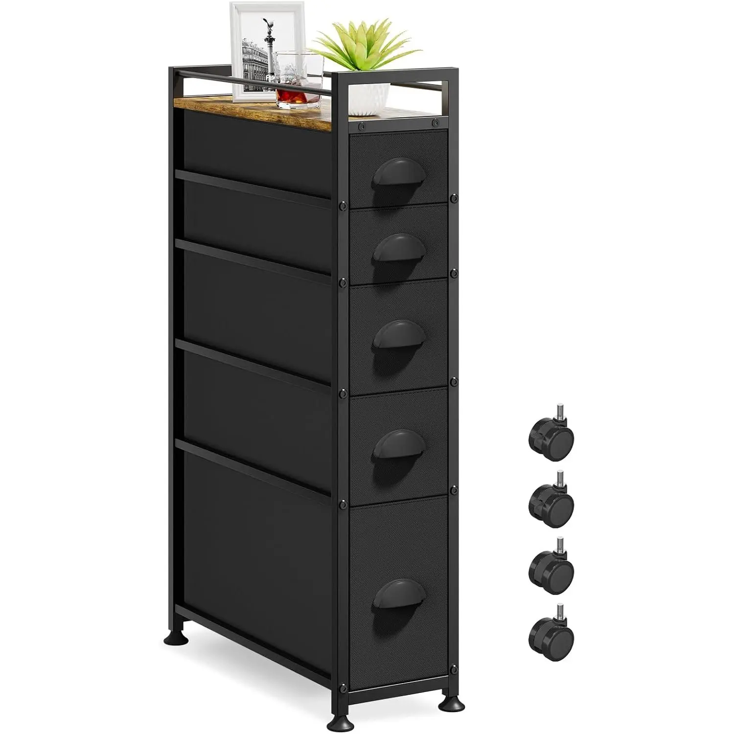 Narrow Cabinet Slim Storage Cart for Bathroom Small Space, Black | 5 Tiers Skinny Rolling Organizer Shelf with Sturdy Fabric Drawers, Lightweight Mobile  Wheels, Between Washer and Dryer