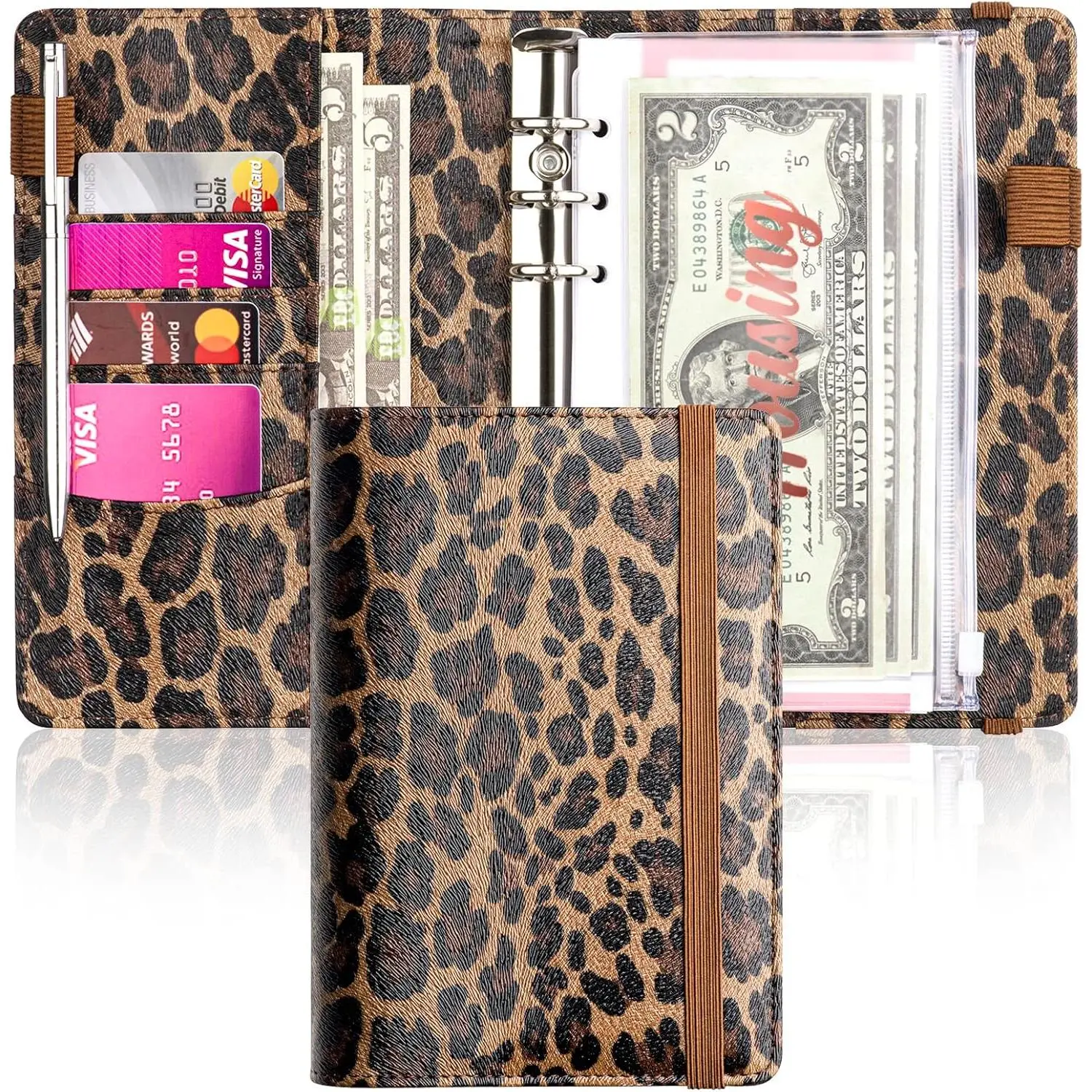 A6 Budget Binder for Money Saving, PU Budget Planner with 8 Cash Envelopes, Budget Sheets & Rose Gold Category Stickers, Money Organizer for Cash (Brown Leopard)