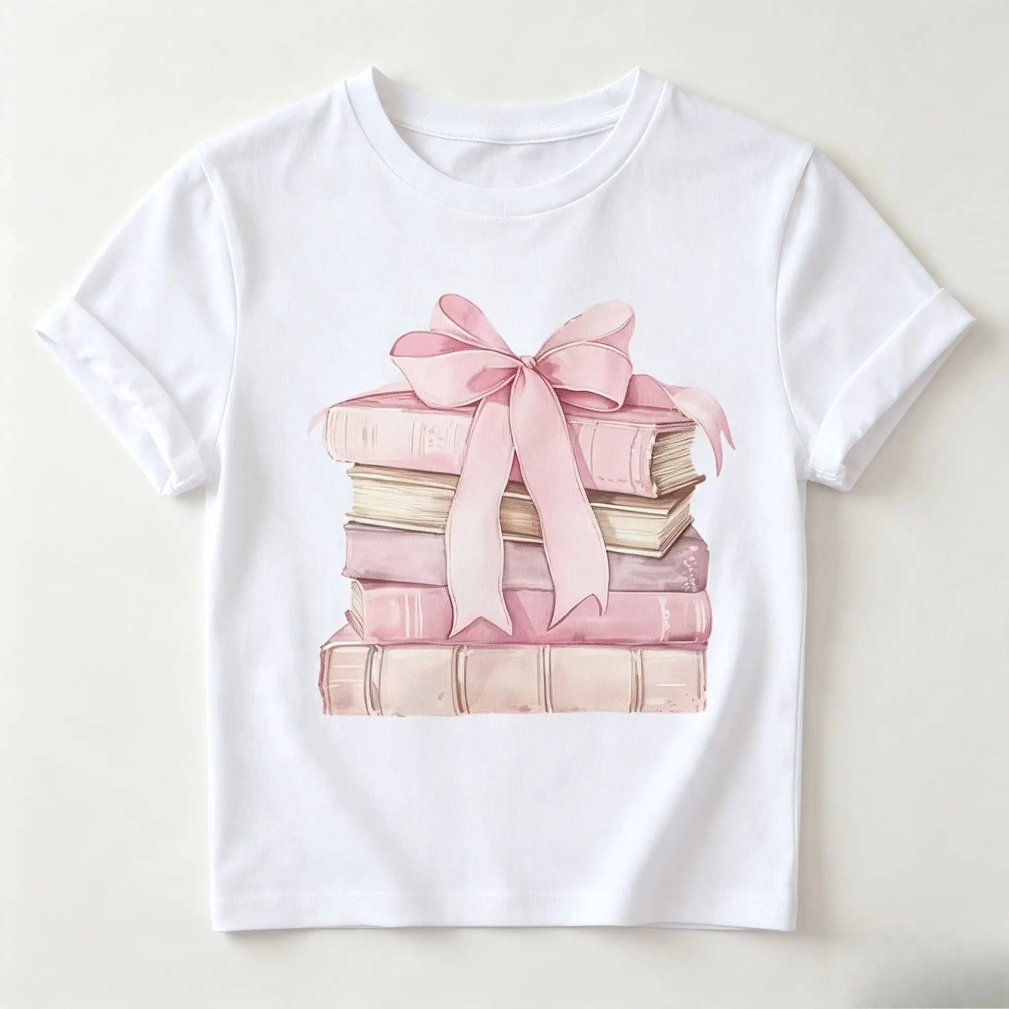 Watercolor Pink Bow Stacked Books Graphic Crop Cotton T‑Shirt, Oversized Comfort Fashion Outfit, Cute Book‑Lover Casual Top, Ideal Valentine’s Day Holiday Gift for Bookish Lovers
