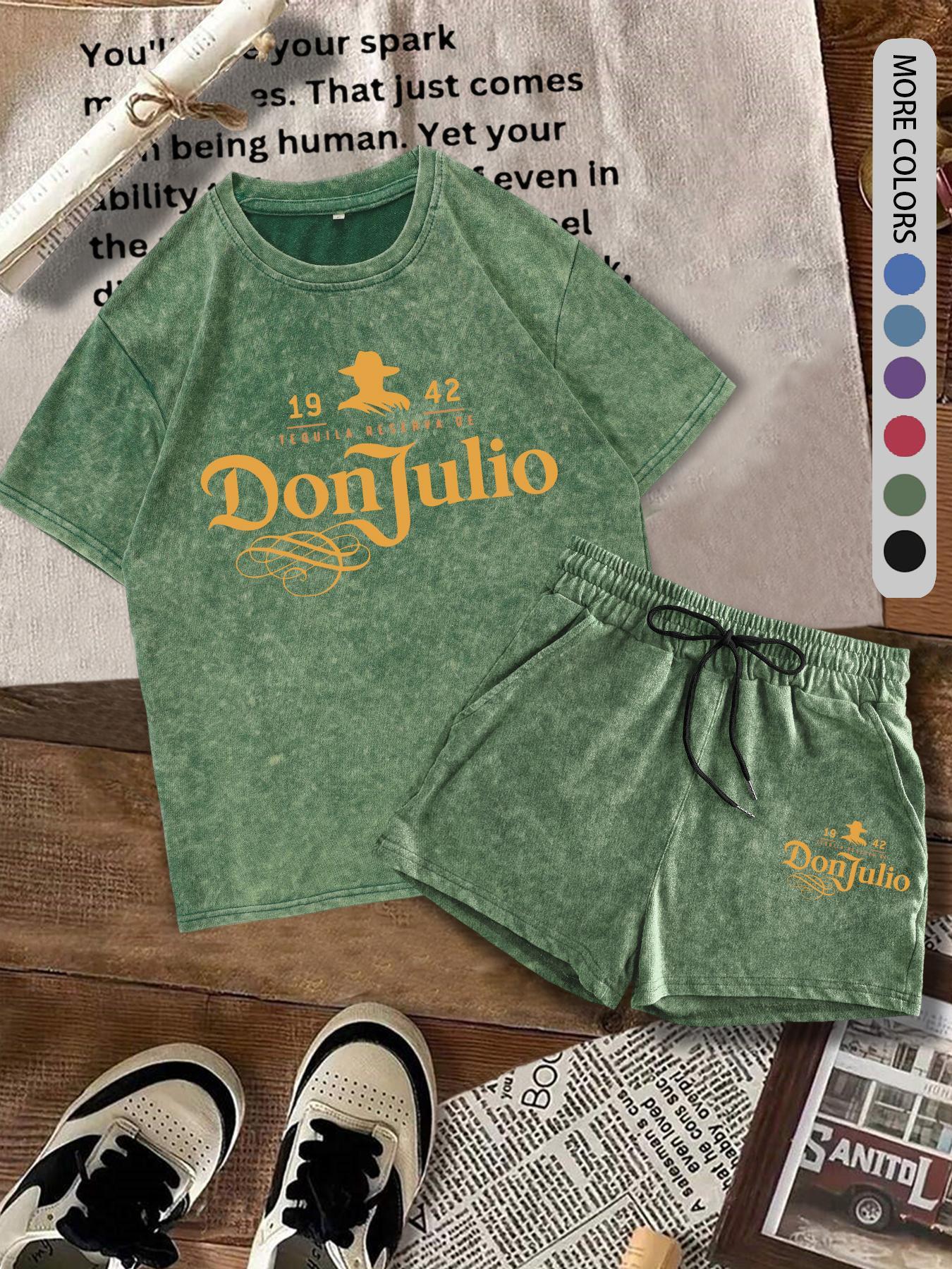 Two-Piece Set Women's Donjulio1942 Letter Print Short Sleeve Tee & Shorts Set, Casual Round Neck T-shirt & Track Shorts, Summer Clothes for Daily Wear, Suits, Lounge Shorts Set