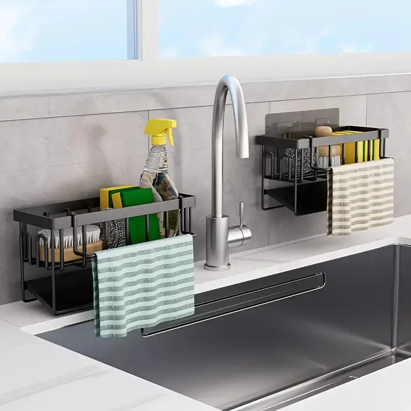 [HomeGlobe] 2026 New Thick Carbon Steel Rectangular Single Unit Dish Drying Organiser with Towel Bar, Sponge Holder, Dish Soap Holder, Self-Draining Tray - Easy-to-Install Kitchen Storage Rack