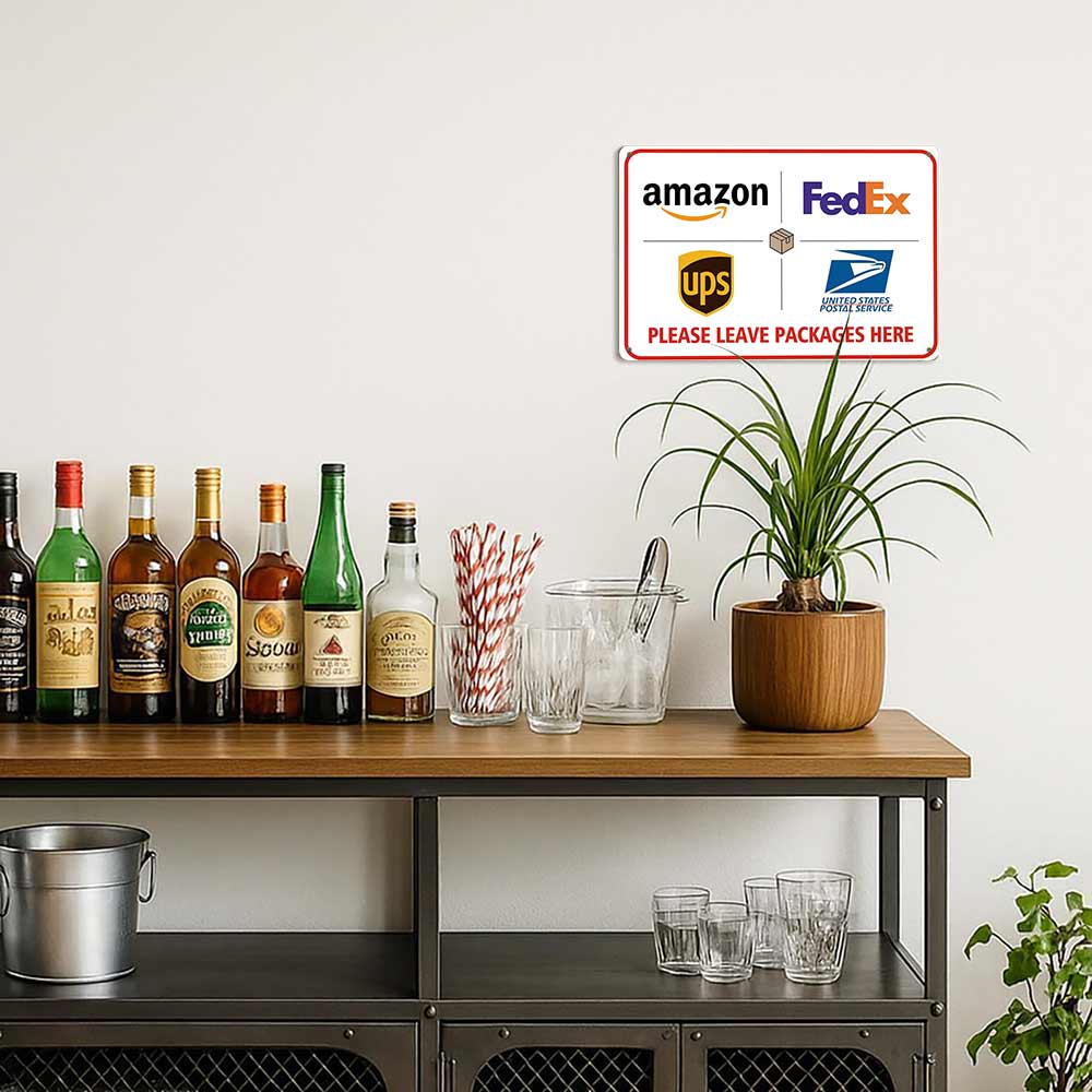 Please Leave Packages Here Metal Sign 12x8 In Aluminum, Vintage Delivery Tin Sign for Home, Porch, Entryway, Retro Package Drop Off Wall Art for Amazon, FedEx, 12x8 Inch Aluminum Plaque