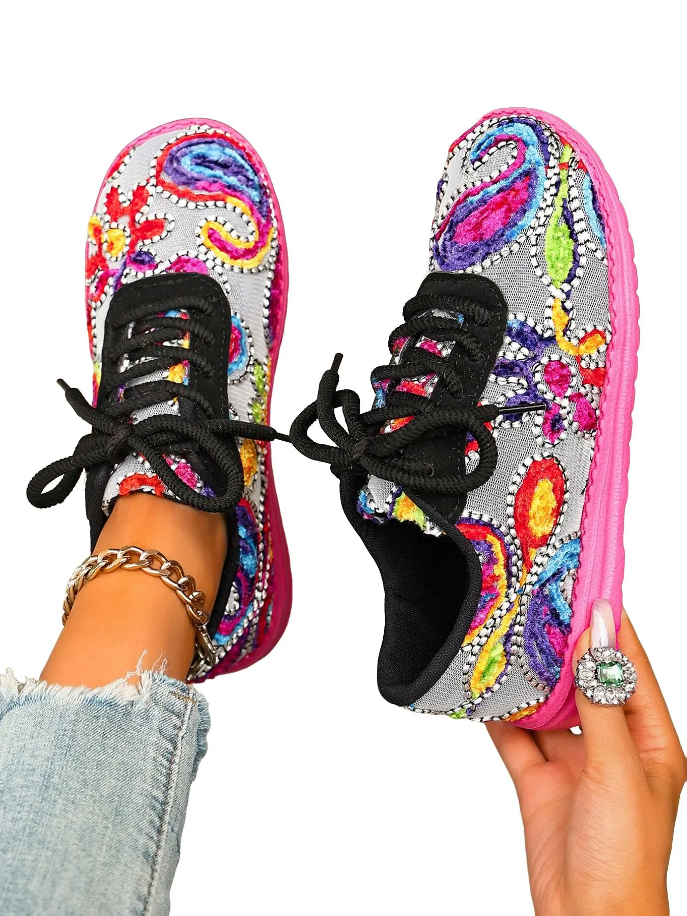 Boho Style Multicolor Embroidered Low Top Shoes, Thick Sole Streetwear Lace-Up Women's Casual Footwear, Unique Design Comfortable Walking Sneakers
