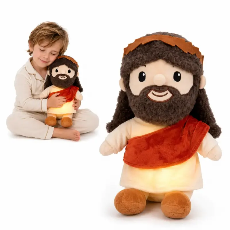 Breathing Jesus Plush Doll - Soft Christian Stuffed Plushies with Gentle Breathing Motion, Brown Hair & Beard, Cream Robe, Red Sash, Kids’ Bedtime Companion, Nightstand Decor, Travel-Friendly Gift Idea