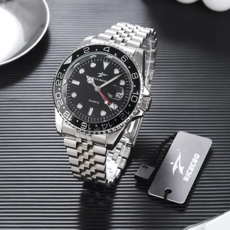 RICECGO 1pc Men's Silver Color Stainless Steel Quartz Wristwatch with 42mm Dial, Fashionable Luminous Analog Watch, Analogue Quartz Watch, Suitable for Business Attire, Ideal Gift, Stainless Steel Watches