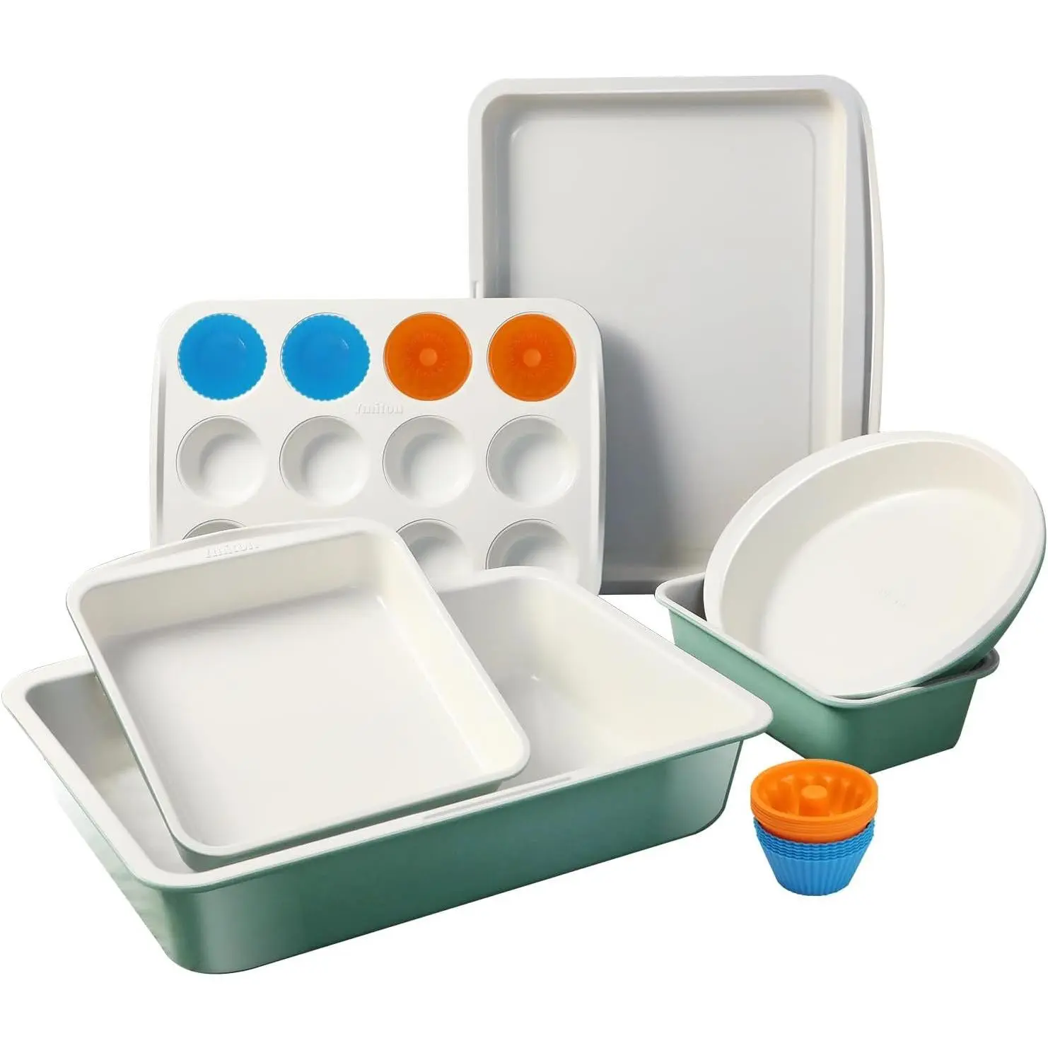 Ceramic Nonstick Baking Pans Set, Non  30 count Stackable Bakeware Sets, 550°F Oven Safe Baking Sheet & Pans, Warp-Free, Dishwasher Safe, PTFE/PFOA/PFOS-Free (Green)