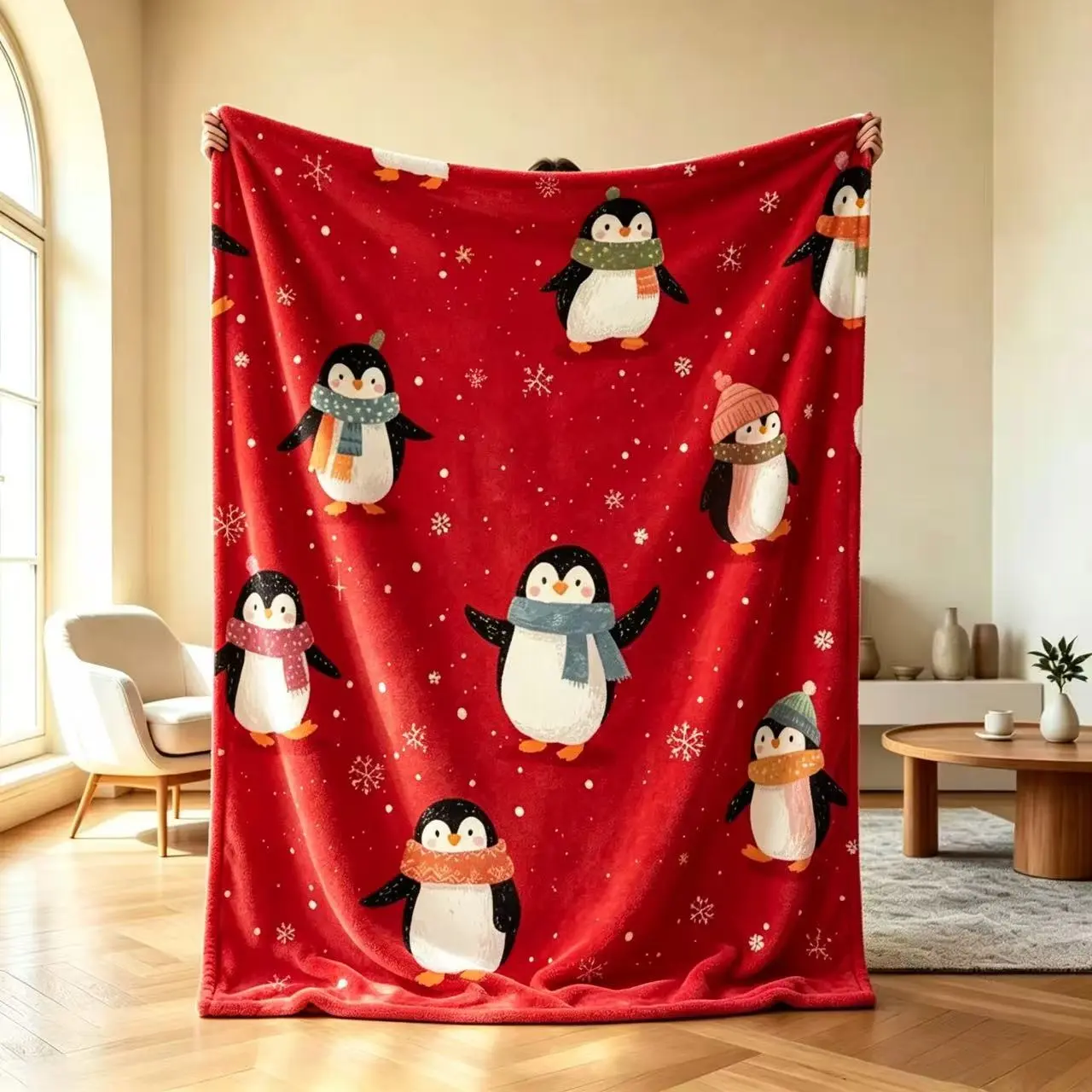 Cute Winter Penguin Christmas Throw Blanket, Red Snowflake Holiday Flannel Blanket, Cozy Soft Warm Flannel Blanket for Sofa Bed, Xmas Home Decor, Perfect Christmas Gift for Family It is an excellent gift for children, family and friends