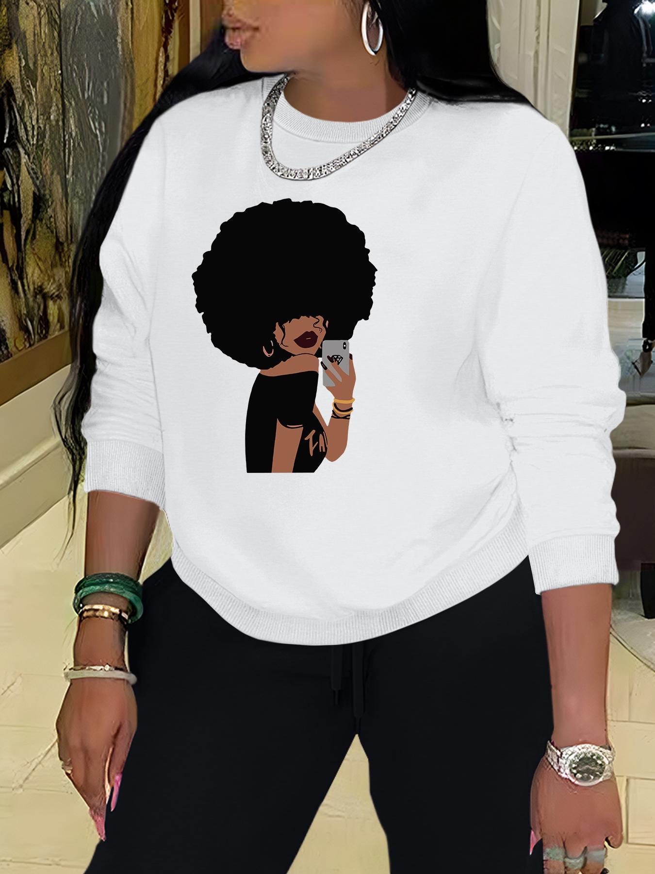 Women's Letter & Afro Girl Print Crew Neck Sweatshirt, Casual Long Sleeve Pullover for Fall & Winter, Women's  Clothes for Daily Wear