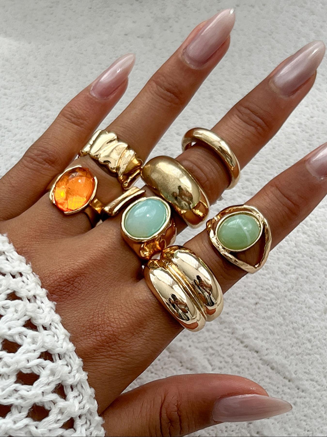 Vintage Stone Decorated Ring Set, Fashion Rings for Party, Daily Clothing Decor, Trendy All-match & Exquisite Jewelry for Birthday Gift, Solitaire Stackable Rings, Statement Multi Ring, Stacking Ring Set