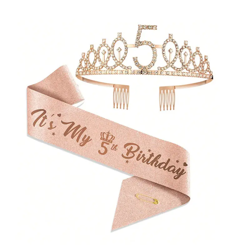 Rose Gold Birthday Tiara and Glitter Sash Set for Girls, Rhinestone Princess Crown Headpiece with It's My Birthday Sash, 3rd‑9th Birthday Party Hair Accessories for Kids Celebration