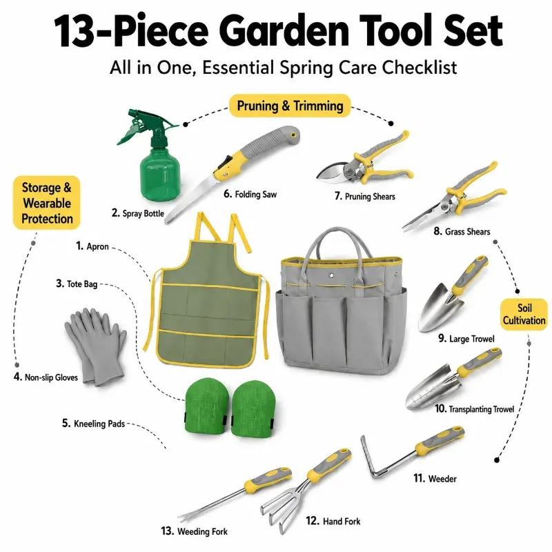 13-Piece Gardening Tool Set, Heavy-Duty Aluminum Hand Tools with Rubber Non-Slip Handles, Includes Garden Apron, Gloves, Kneeling Pad & Storage Bag – Beginner Gardening Kit for Landscaping