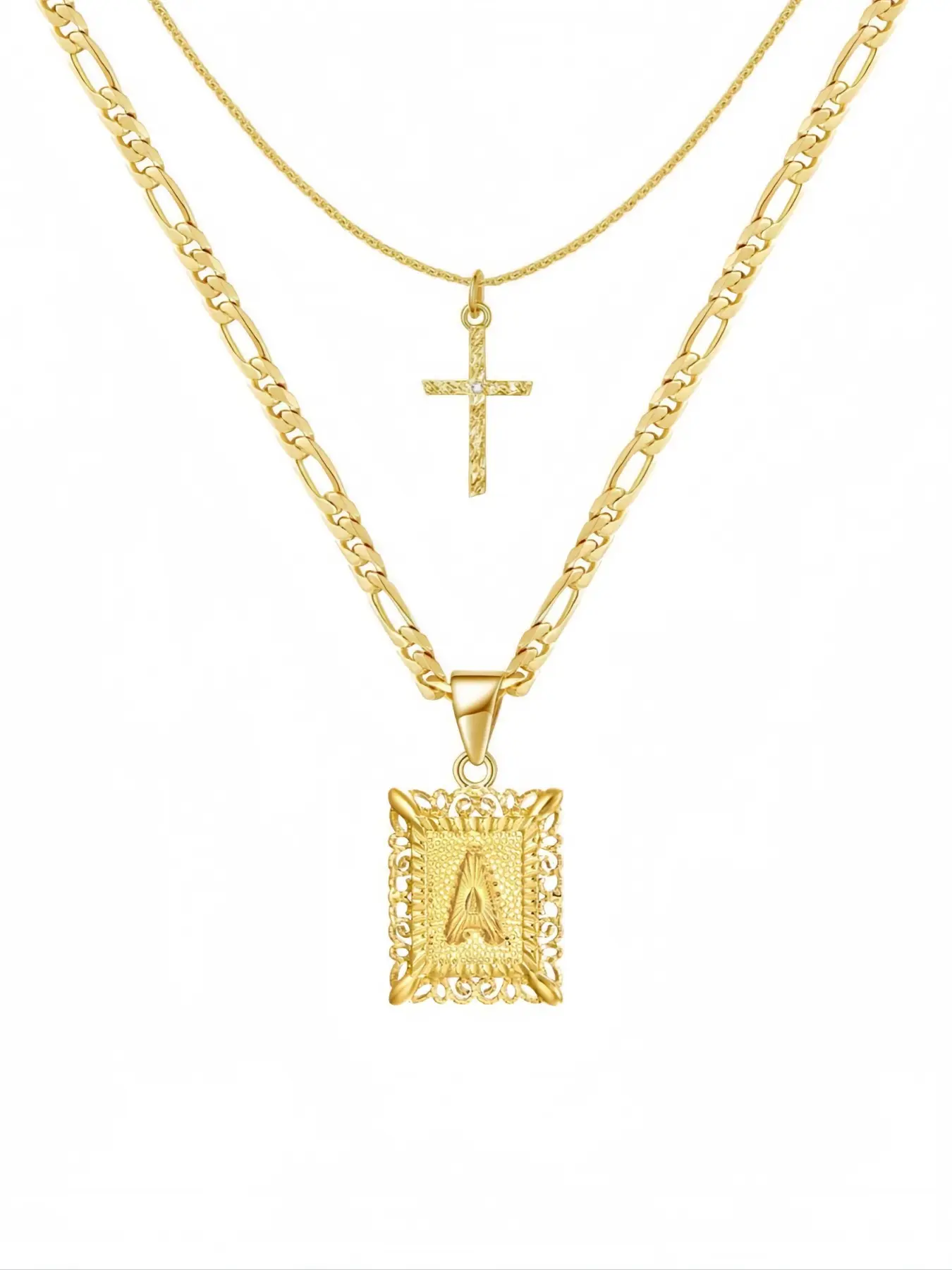 Golden double layered cross necklace with first letter, copper square letter pendant chain and locking bone chain, A-Z capital letters optional, Dainty initial necklaces, jewelry for women, Mother's Day gift, suitable for summer vacation beach wear
