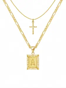 Golden double layered cross necklace with first letter, copper square letter pendant chain and locking bone chain, A-Z capital letters optional, fashionable jewelry for women and girls, Mother's Day gift, suitable for summer vacation beach wear