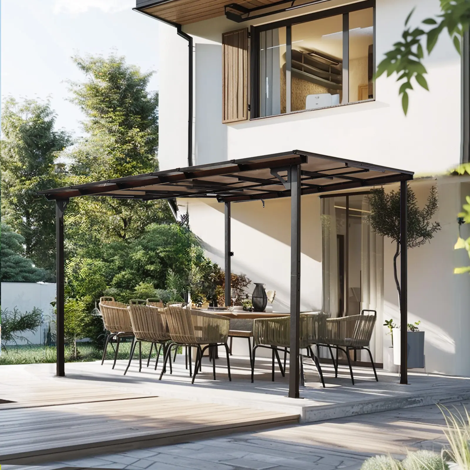 ARCH 10x10 Outdoor Pergola Gazebo Wall-Mounted Lean to Metal Awning with Roof Heavy Duty for Patio Deck Backyard Grey Steel Polycarbonate Panels Snow Load 60psf Wind Resistant 30-35mph, Grey Color Options, Metal Material, Product Dimensions: 120.00