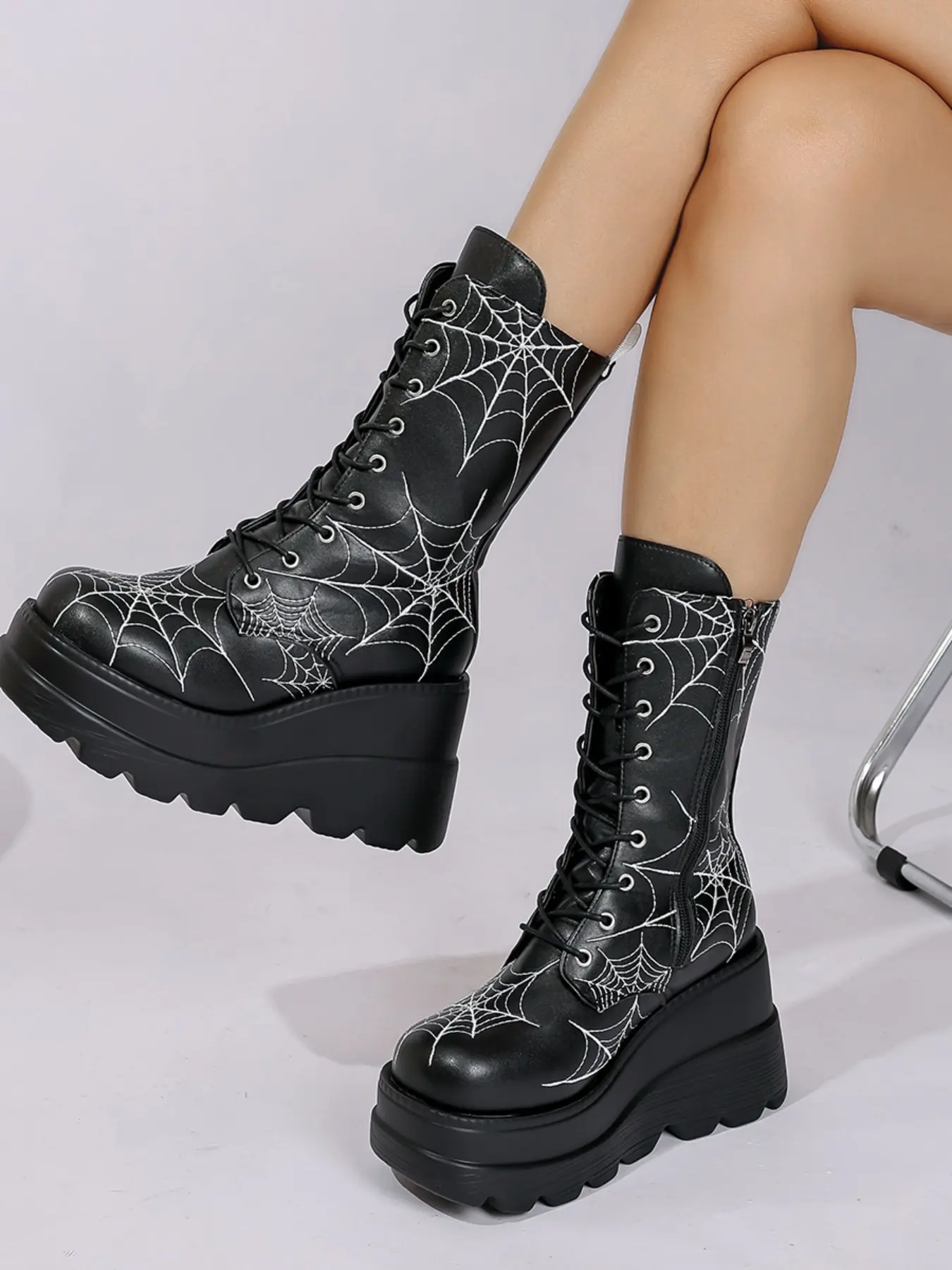 New Punk Style Women's Boots, High Heel Platform Shoes, Side Zipper Buckle Design, Fall & Winter Fashion, PU Upper, Rubber Sole