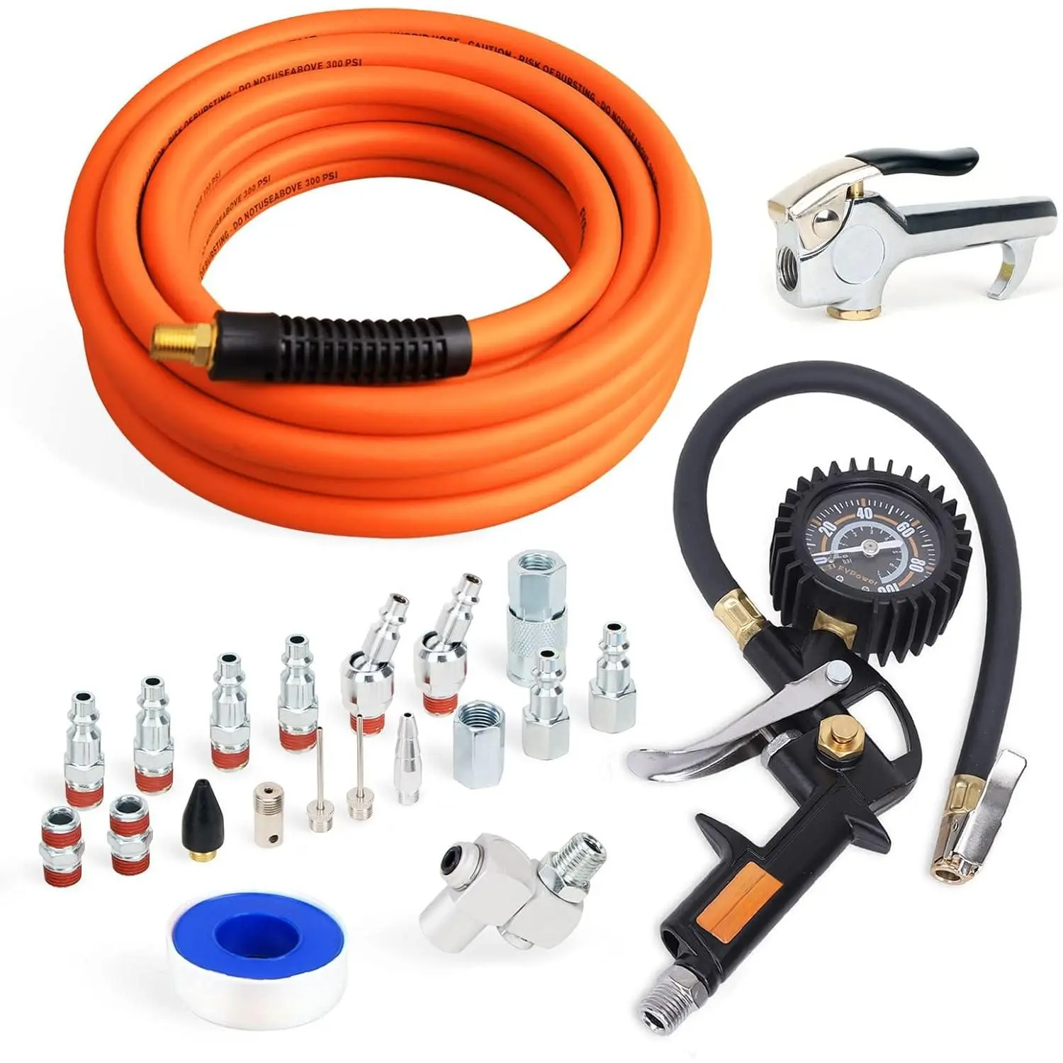 22 Pieces Air Compressor Accessories kit, 3/8 inch x 25 ft Hybrid Air Compressor Hose Kit, 1/4" NPT Quick Connect Air Fittings, Tire Inflator Gauge, Heavy Duty Blow Gun, Swivel Plugs