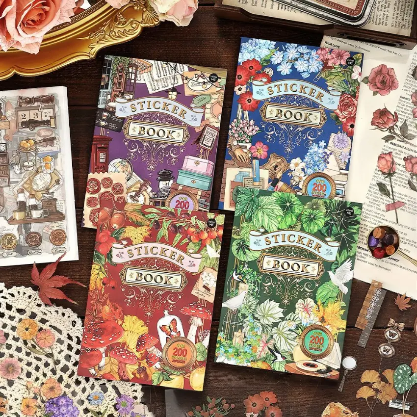 80 Pcs Vintage PET Waterproof Self-Adhesive Die-Cut Stick on Labels & Stickers - Floral & Plant, Bow, Coffee Themed Office Stationery for Planners, DIY Decoration