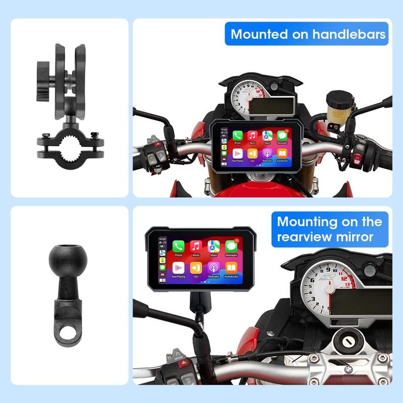Motorcycle Screen for Wireless CarPlay/Android Auto/Mirror Link, 5 Inch IP67 Waterproof Touchscreen with Adjustable Mount, Auto-Dimming HD Display for Motorcycles, Motorcycle Accessories