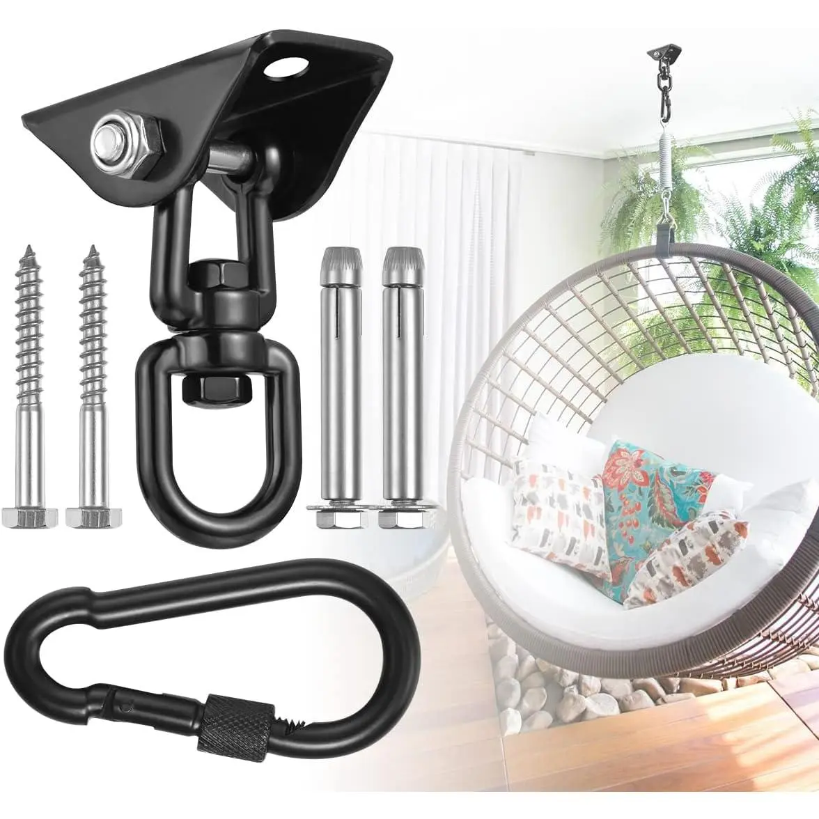 Hammock suspension kit, hanging chair hardware 360°Rotatable 1000-pound load-bearing hammock hook, heavy-duty hammock chair suspension kit and ceiling hook for hanging chairs, suitable for hammock chair stands, seats, trees, yoga, and gyms (black)