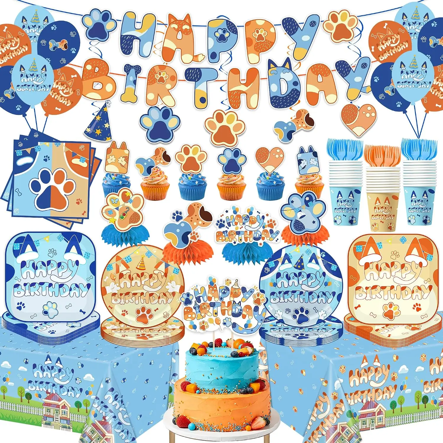 137PCS Unisex Dog Birthday Party Decorations Set, Blue-Orange Themed Supplies for Party Setup (Banner, Tablecloth, Hanging Swirls, Balloons, Multi-Size Plates, Napkins, Forks, Cups, Cupcake Toppers) – Festive Home Supplies Gifts