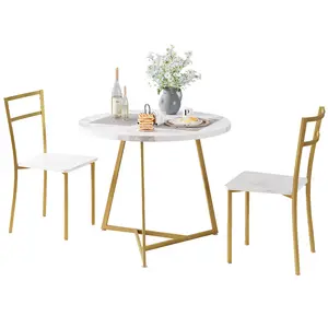Space-Saving 3-Piece Round Dining Table Set for 2 – Modern Small Kitchen & Dining Room Furniture with PU Upholstered Chairs – Ideal for Apartments, Breakfast Nooks, Compact Spaces