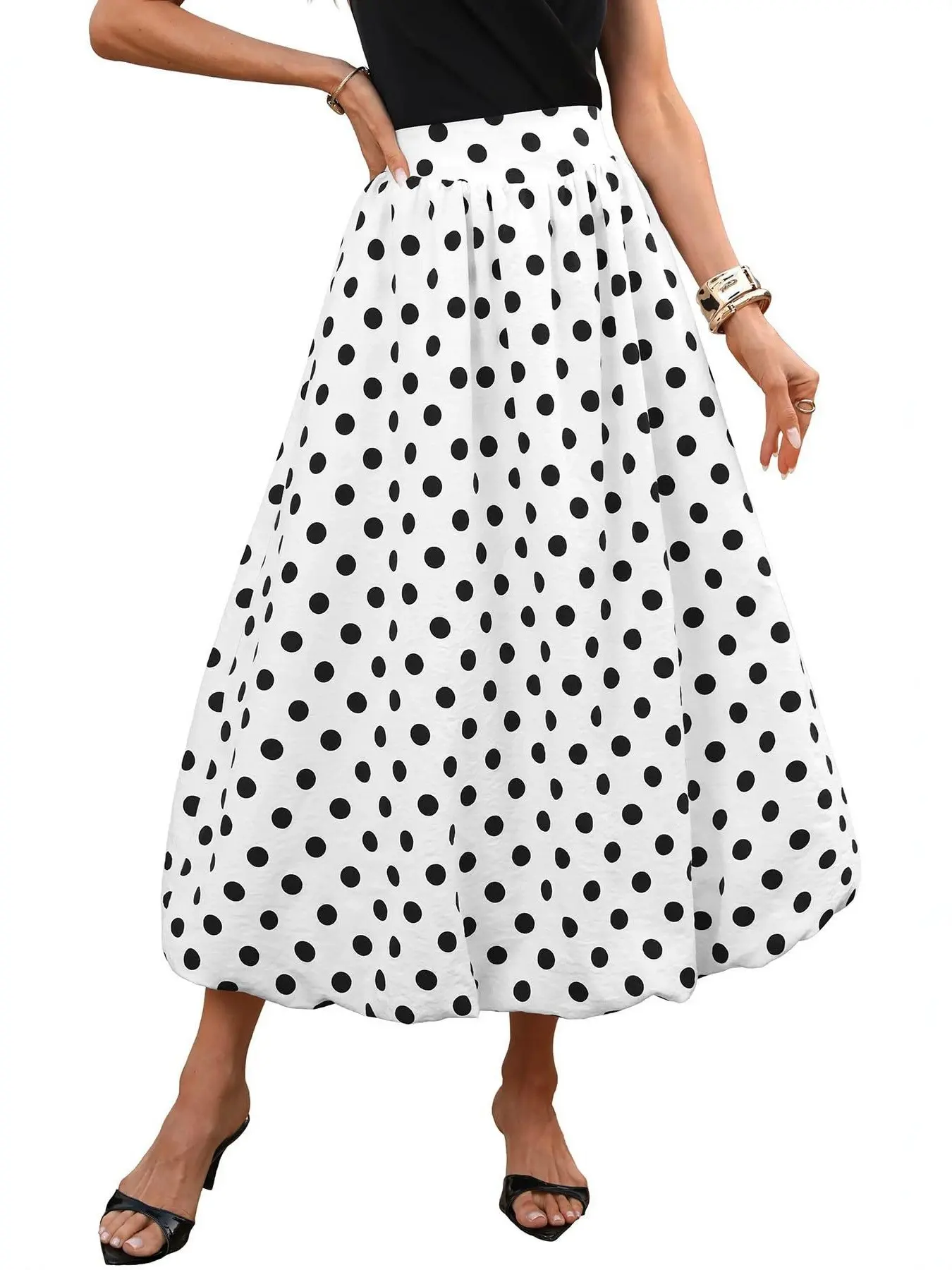 Women's Fall Winter Polka Dot Long Skirt, Elastic Waist Fluffy Bubble Skirt, Girl's Sweet Casual Maxi Skirt