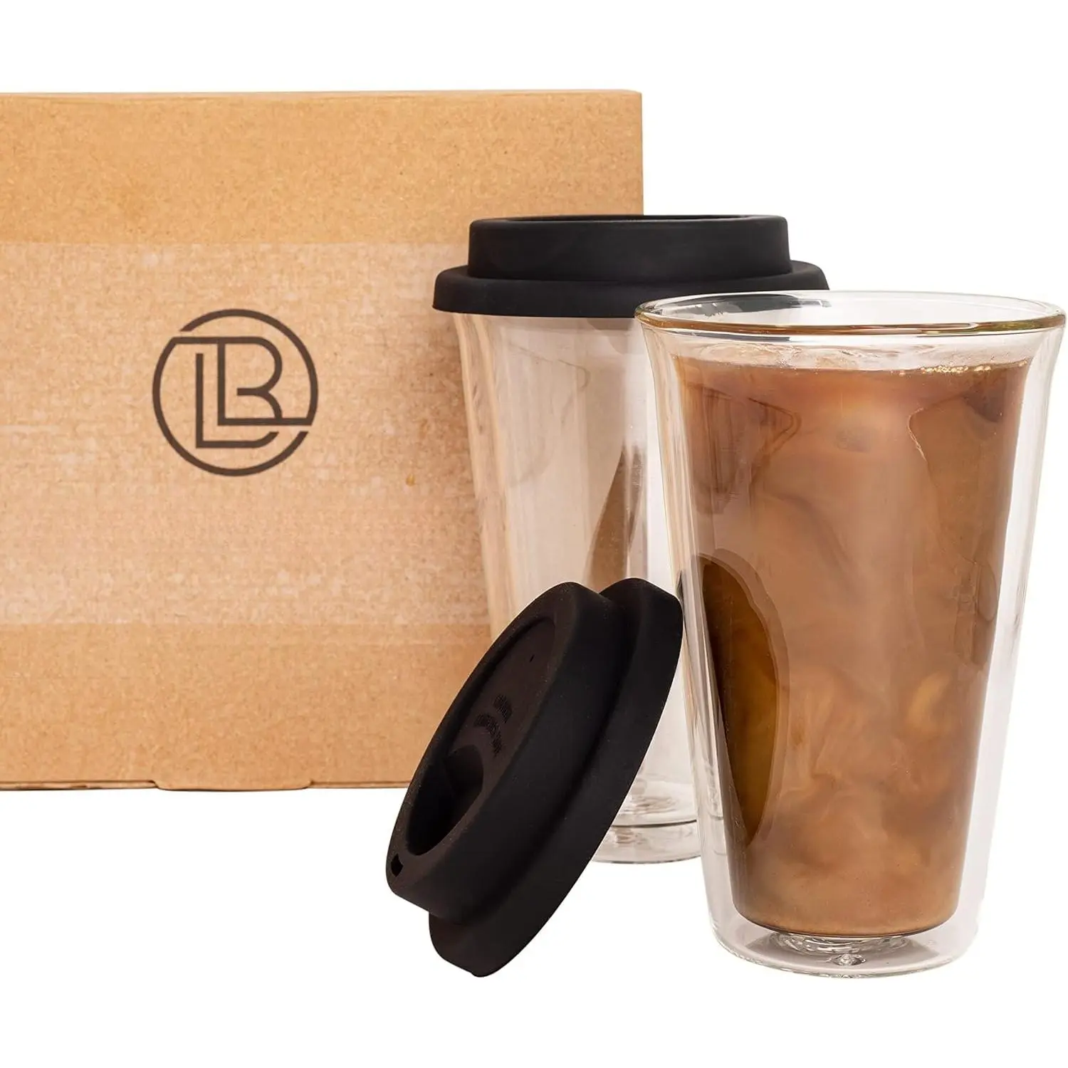 2-Pack Insulated Glass Travel Mugs, 12 oz, Double Wall,  Coffee Cups with ,