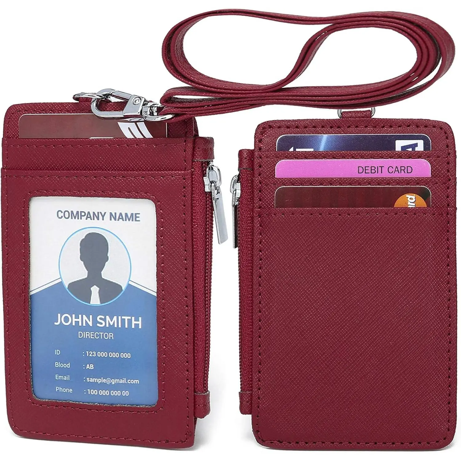 ID Badge Holder with  Lanyard PU Leather ID Badge Wallet Case with 1 ID Window, 4 Card Slots, 1 Side Zipper Pocket