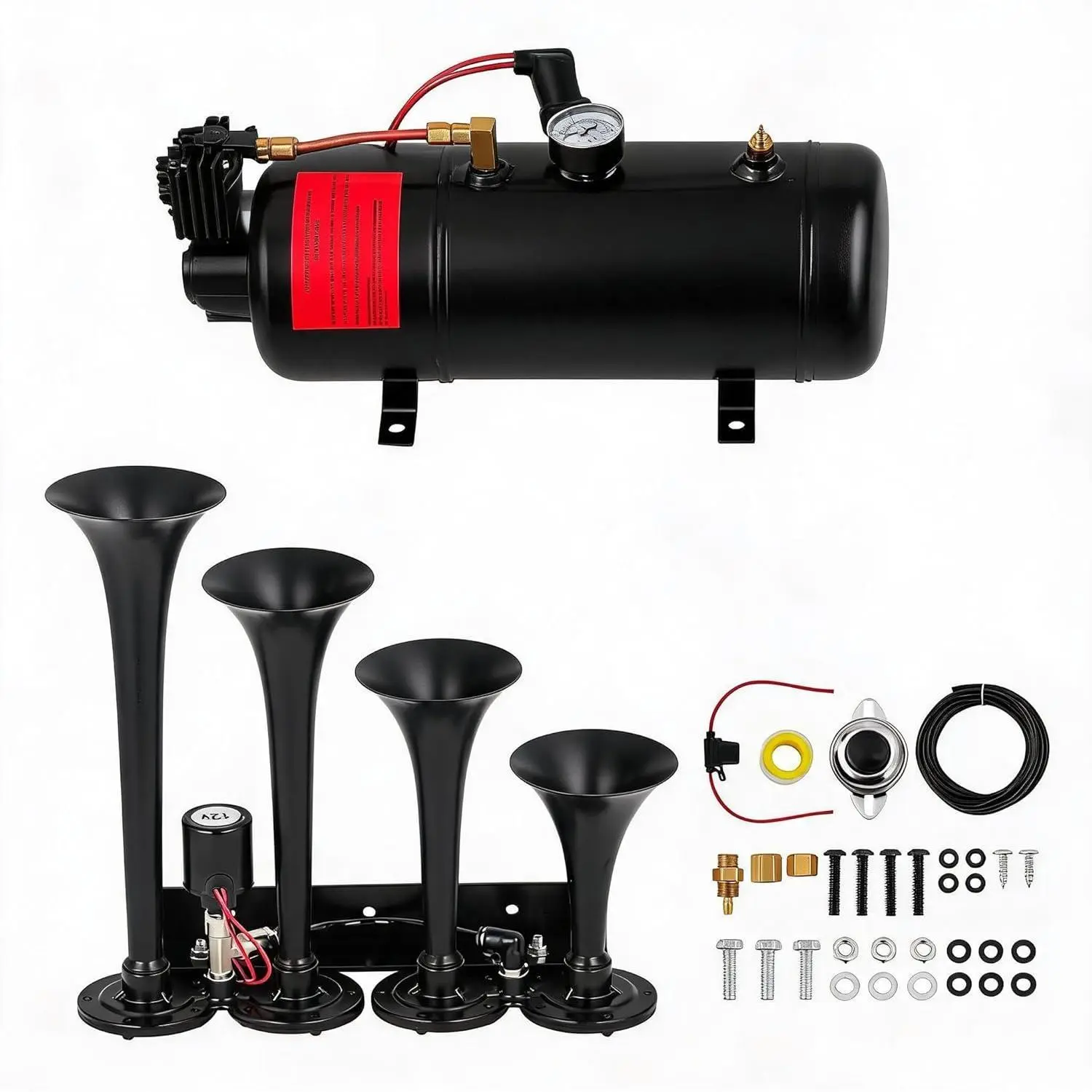 Gaomon Train Horn Kit, 4 Trumpet Air Horn Kit, 150dB Train Horns for Pickup Trucks, 12V 150 psi Air Compressor 1 Gal/3 L Tank with Gauge for Any 12V Vehicle Car Truck Train Van Boat