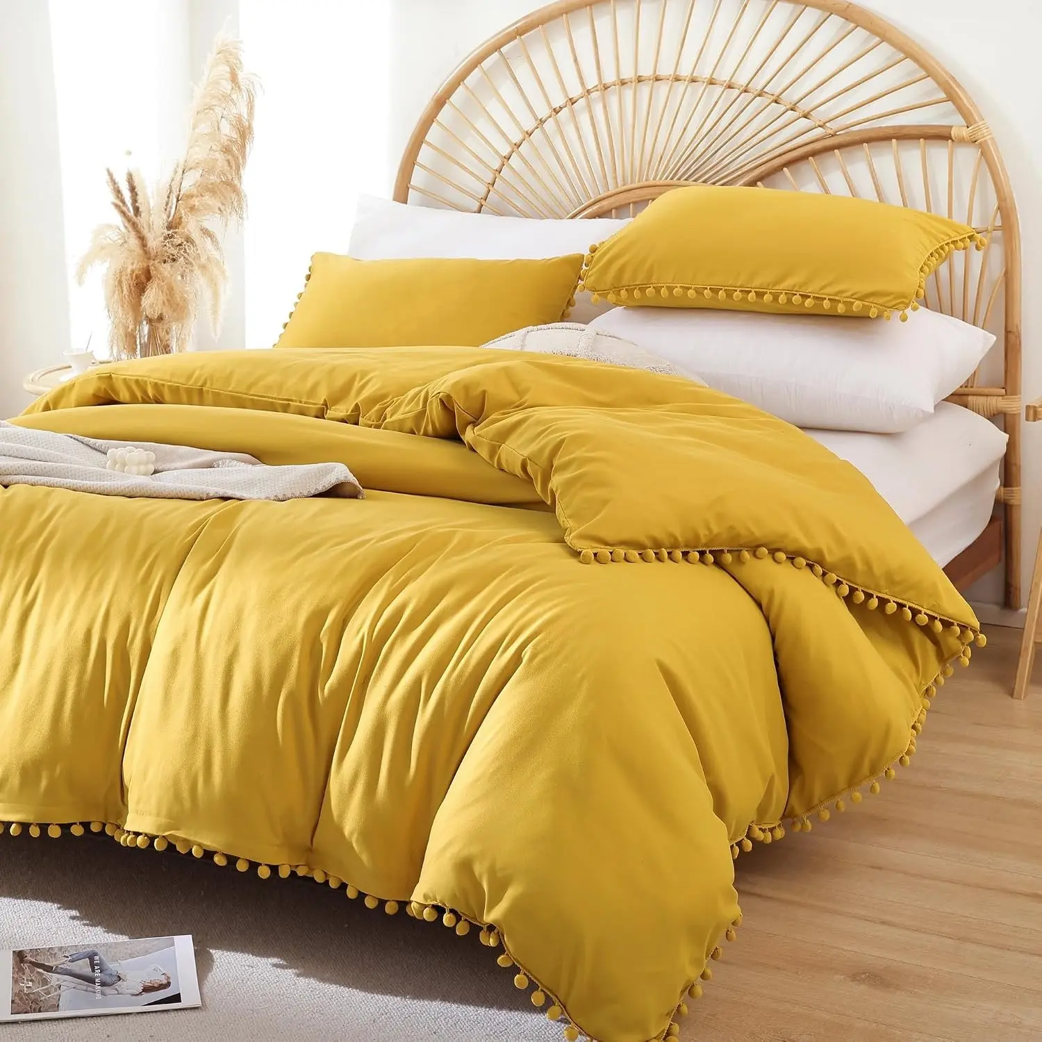 King Size Comforter Set - King Size Comforter with Ball Pom Fringe, Soft King Bedding Set for All Seasons - 3 Pieces, 1 Comforter (104"x90"inches) & 2 Pillow Shams(20"x36"), Mustard Yellow