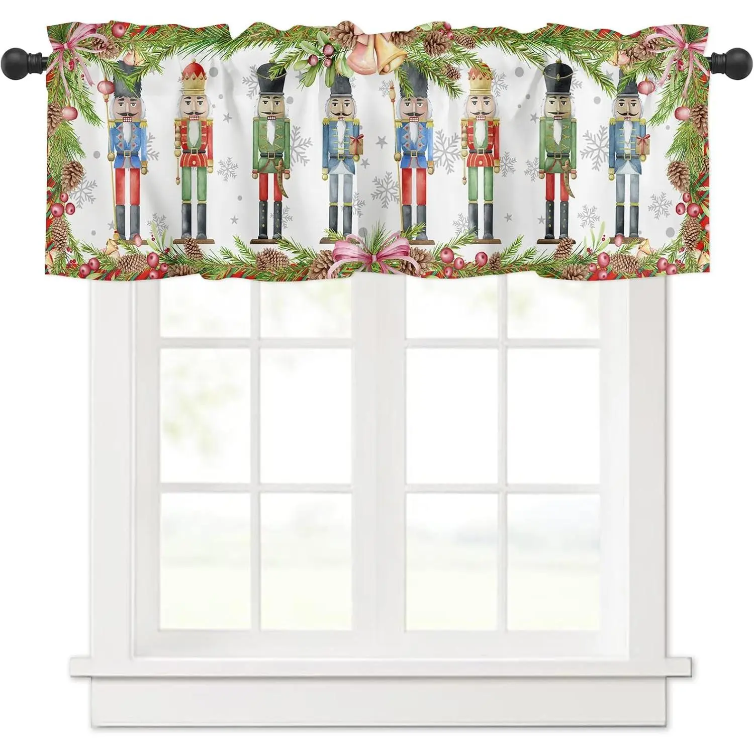 Christmas Green Window Valance for Kitchen Bedroom, Cartoon Nutcrackers Window Curtain for Living Room Bathroom, Green Windows  Valance Rod Pocket, 54" W x 18" L