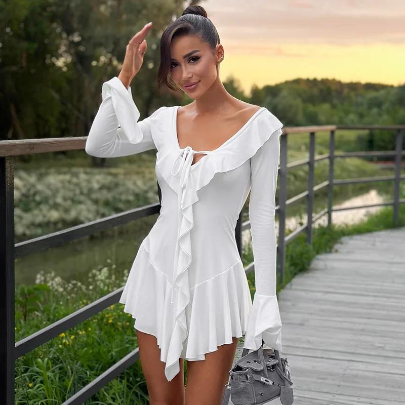 Ruffled Lace-Up White Mini Dress Women's V-Neck Patchwork Long Sleeve Sexy Slim Dress Bandage Elegant Female Summer Dress Casual Womenswear