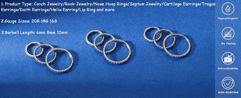 Milacolato 1count G23 Titanium Nose Rings Hoops Hypoallergenic Conch Piercing Jewelry 16G 18G 20G Hinged Segment CZ Paved Clicker Rings for Septum Cartilage Daith Helix Rook Tragus Ear Lobe Earrings for Women Men 6mm/8mm/10mm
