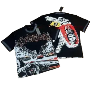 Distressed Black Heavyweight Cotton Graphic Tees, Godspeed Vintage Race Car Print Oversized Tee, Y2K Hip Hop Streetwear for 2026 Spring Summer Daily Casual Wear | vintage clothing | drip clothing