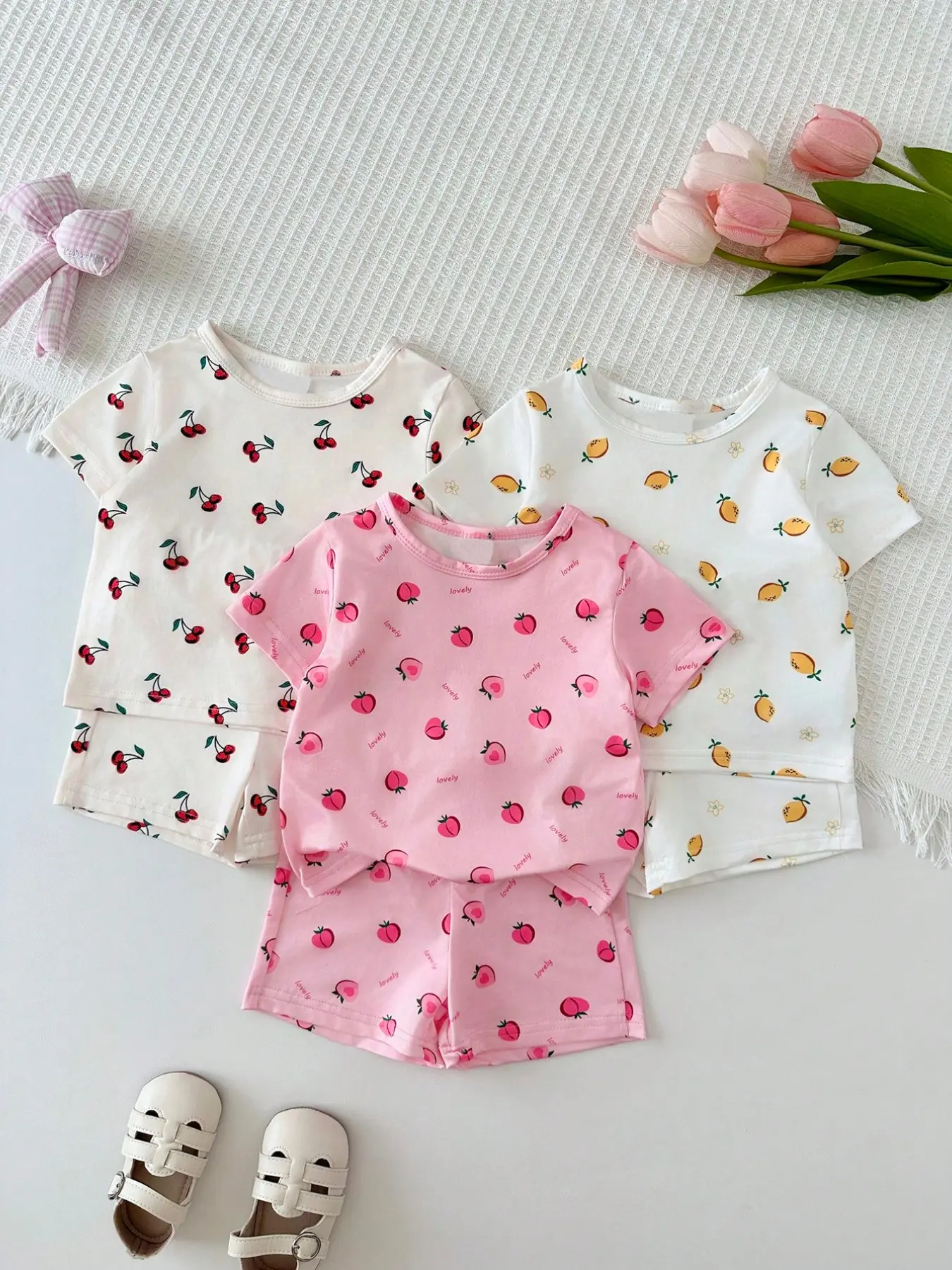 3 Sets Baby Girl Fruit Print Pajama Set, Cherry Lemon Peach Pattern, Round Neck Short Sleeve T-Shirt + Elastic Waist Shorts, Soft Breathable Summer Infant Pajamas