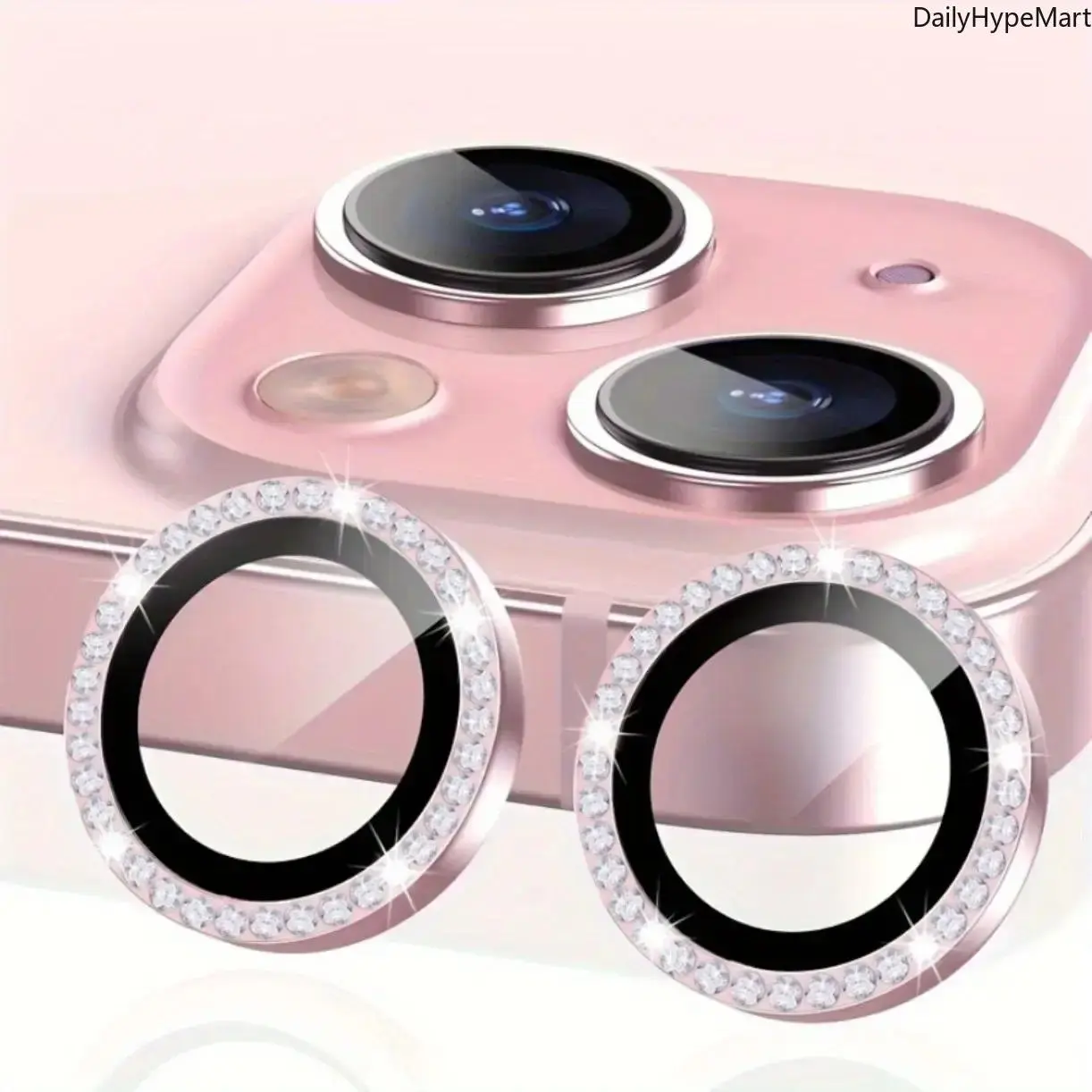 Aesthetic Rhinestone Camera Lens Protector, Tempered Glass Metal Ring Cover for iPhone Series, Stylish Accessories for Full Protection, Mobile Accessory, Decorative, Iphone Series Compatible, Phone Accessories