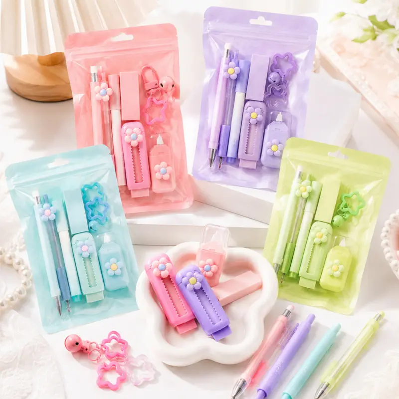 7-Piece Cute Pastel-Colored Stationery Set, Kawaii School Study Supplies Set, Aesthetic School Supplies, includes gel pens, highlighters, a pencil with an eraser, correction tape, and a star keychain, perfect for school, the office, and travel